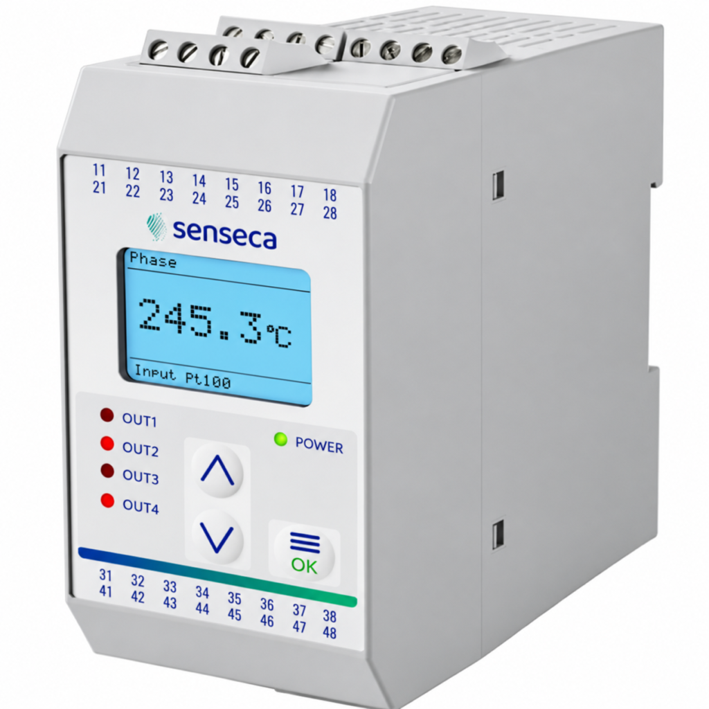 PMT50EX-3 temperature transmitter with LCD display, DIN rail housing, programmable controls, relay outputs, and intrinsically safe temperature signal conditioning for hazardous areas.