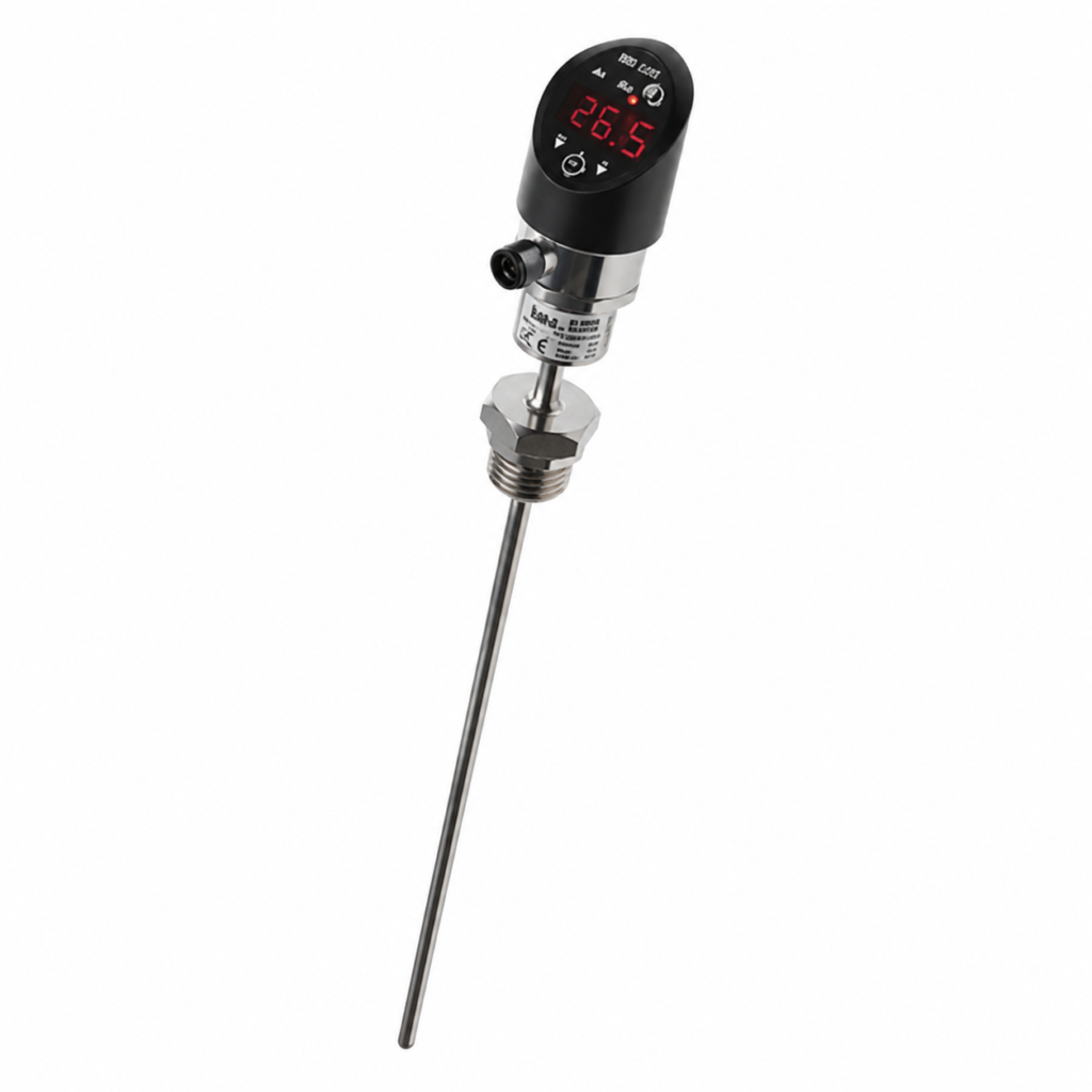 THERMO VSTD digital temperature transmitter with LED display, stainless steel probe, and NFC smartphone configuration support.