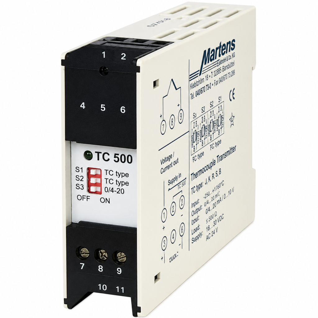 TC500 thermocouple transducer with DIN rail housing, configurable thermocouple input, analog voltage/current output, and isolated temperature signal conversion for industrial automation.