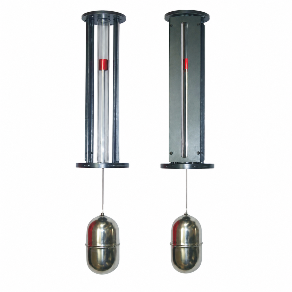Top Mounted Level Indicator with stainless steel float, transparent viewing tube, and red level marker for visual liquid level monitoring