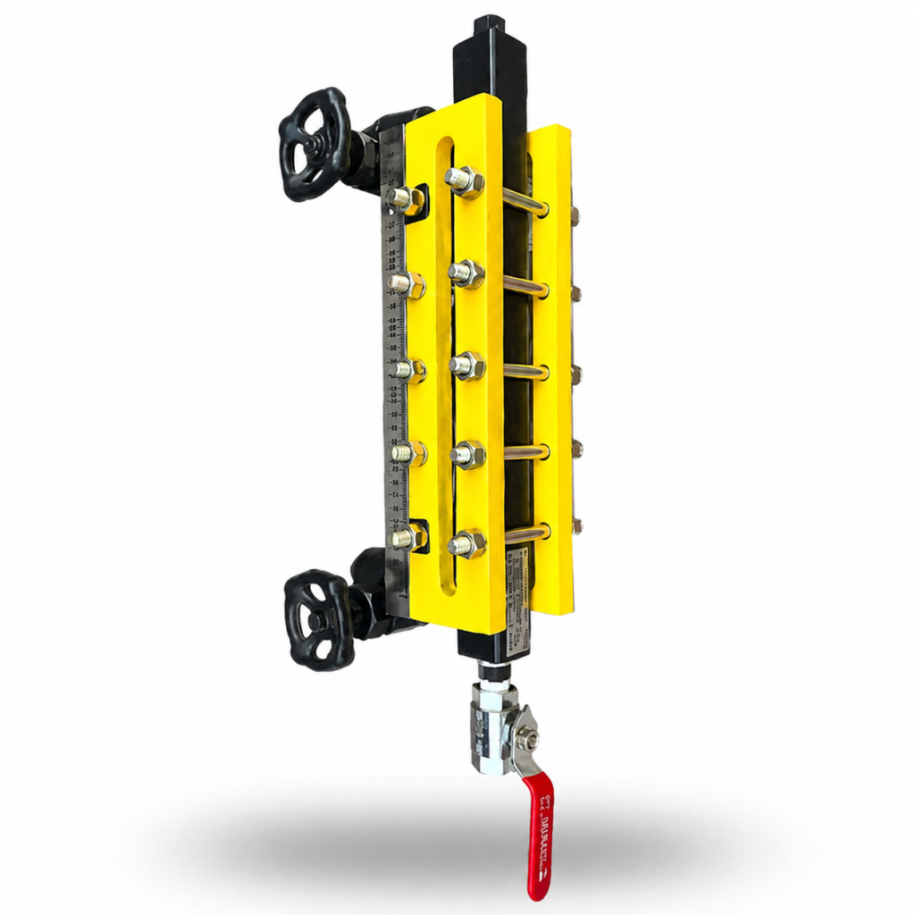 Transparent Level Gauge with protective shield, glass viewing chamber, level scale, and isolation valves for industrial liquid level indication.