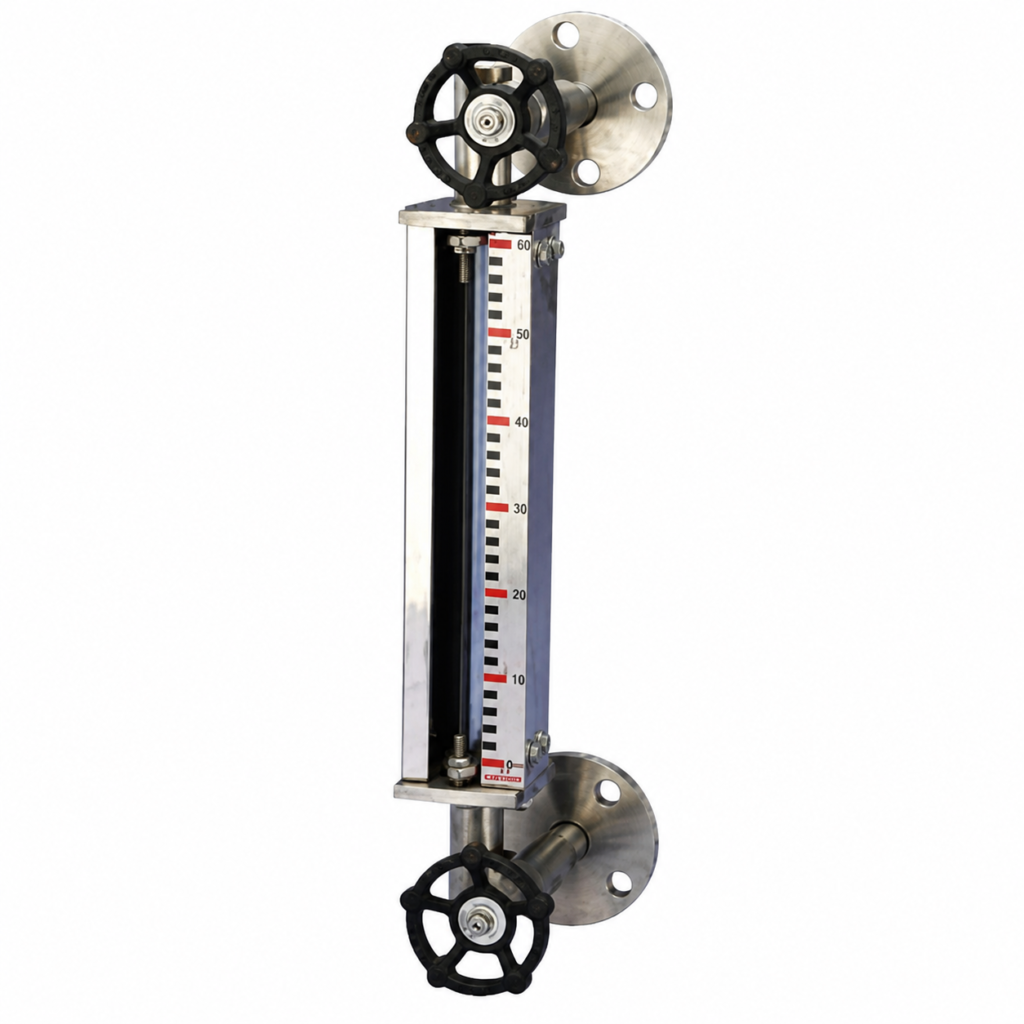Tubular Level Indicator with sight glass, graduated scale, and flanged connections for visual liquid level measurement.