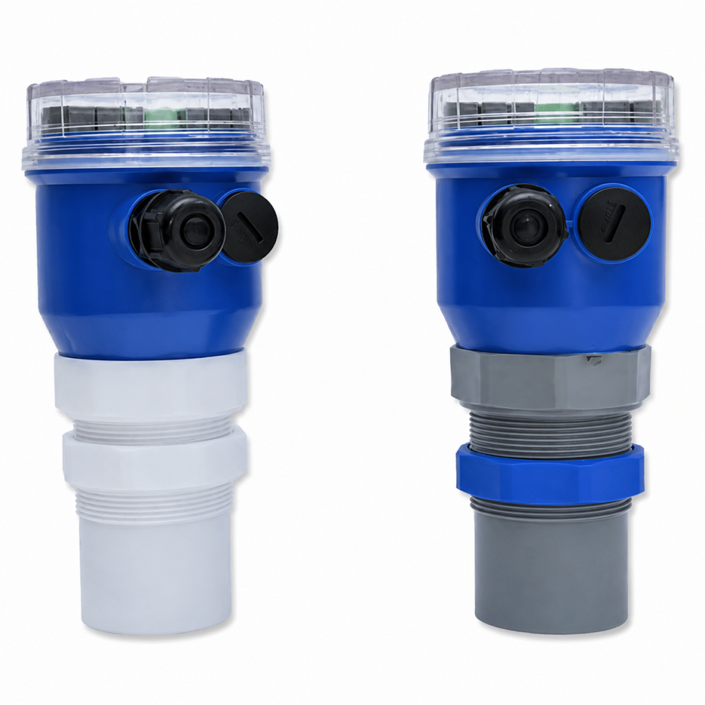 Ultrasonic Level Transmitter with compact non-contact ultrasonic sensors for continuous liquid level measurement in industrial tanks and process applications.