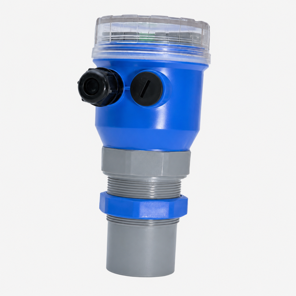Compact Ultrasonic Level Transmitter with threaded mounting for accurate non-contact liquid level measurement in industrial tanks and process applications.