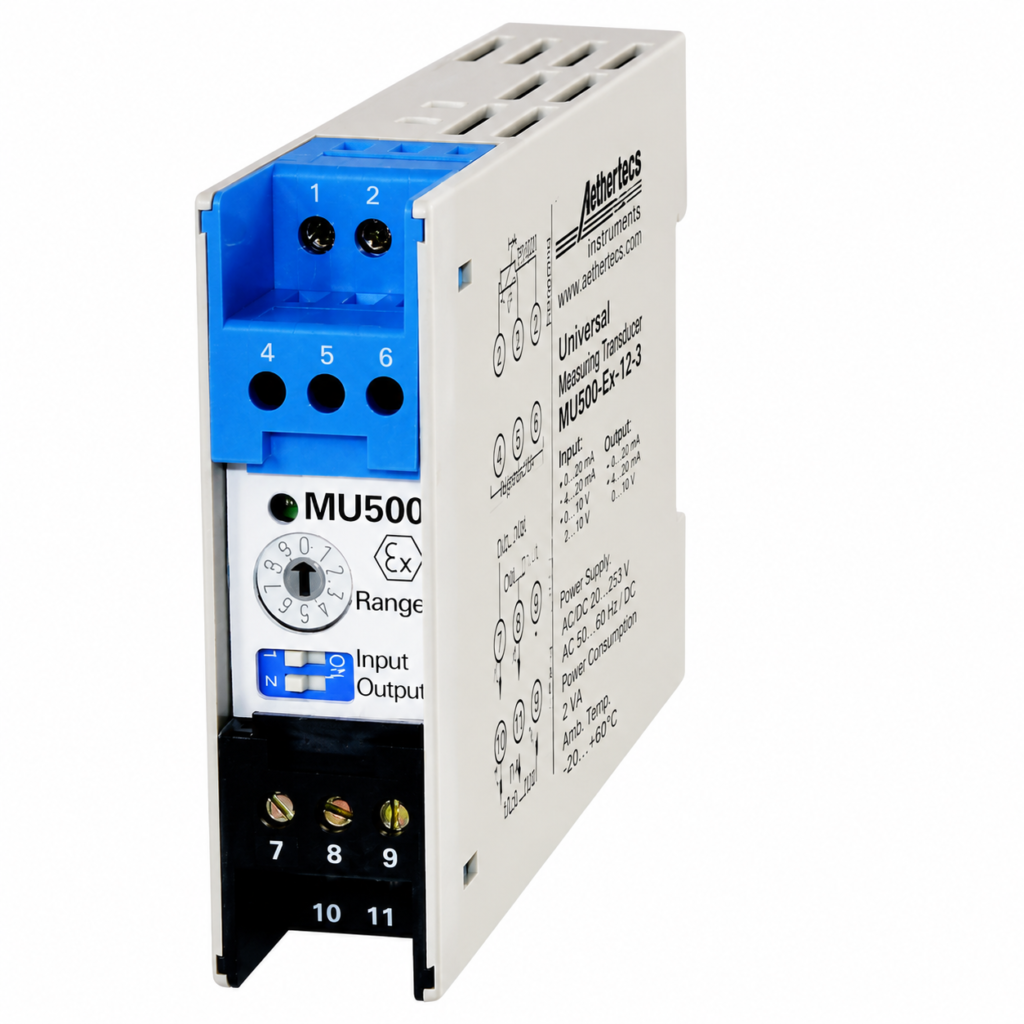 MU500EX universal measuring transducer with DIN rail design, explosion-proof housing, configurable input, analog output, and isolated signal conversion for hazardous industrial applications.