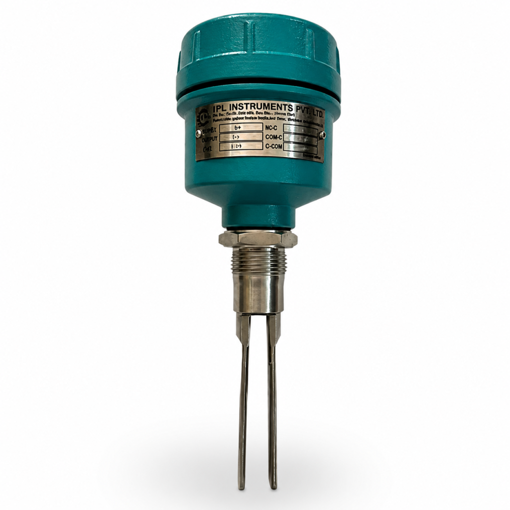 Vibrating Fork Level Switch with stainless steel fork sensor and industrial housing for reliable point level detection in tanks and process vessels.