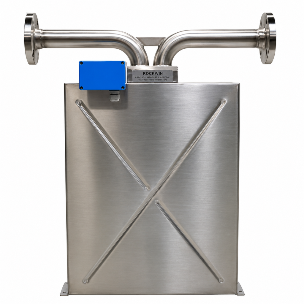 Stainless steel Coriolis Mass Flow Meter with integrated transmitter for precise mass flow, density, and temperature measurement.