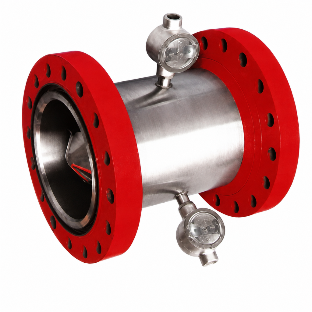 Stainless steel Custody Transfer Turbine Flowmeter with flanged connections for high-accuracy liquid flow measurement in oil and gas applications.