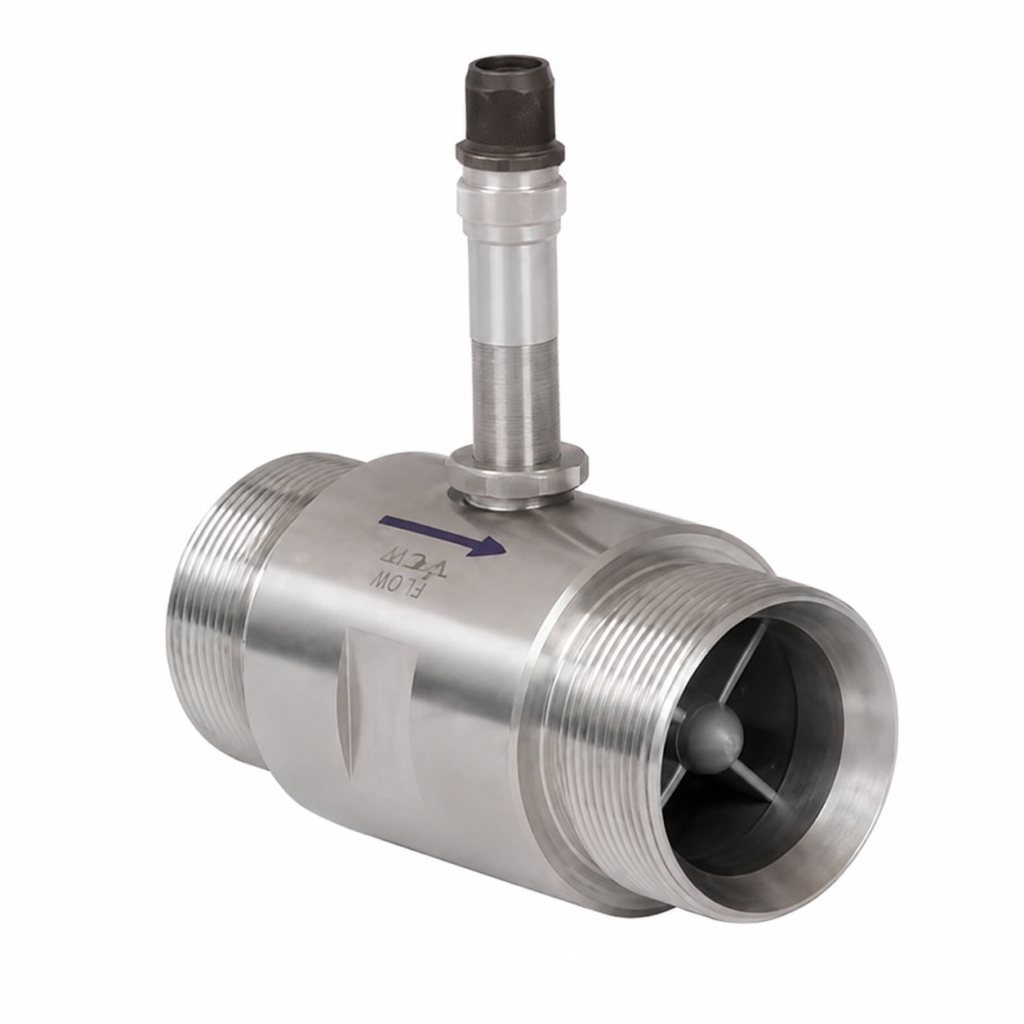 Stainless steel Inline Liquid Turbine Flow Meter with integrated sensor for accurate liquid flow measurement in industrial applications.