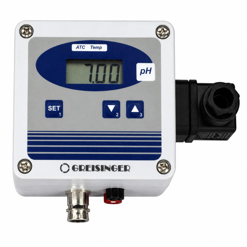 GPHU 014 MP pH transmitter with digital display and ATC for industrial pH measurement and process monitoring.